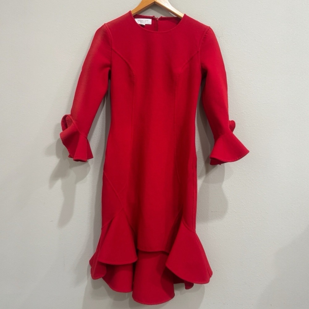 Michael Kors Collection Crimson Red Double Faced Flounce Hem Dress Size 6‎